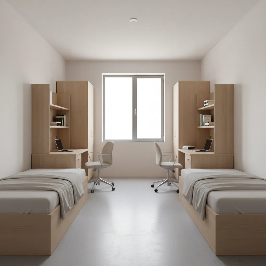 typical shared freshman dorm room with bunk beds desks and storage