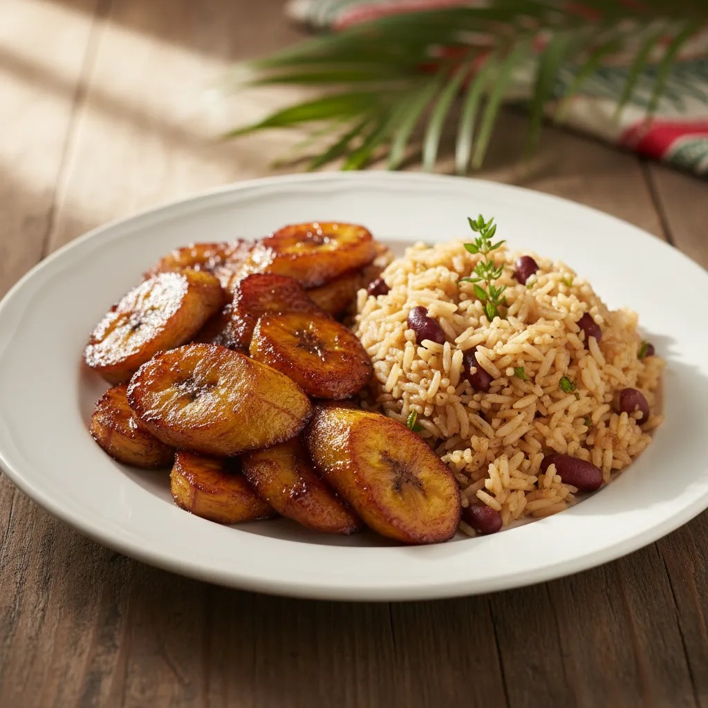 Golden fried plantains with Caribbean rice and peas on plate