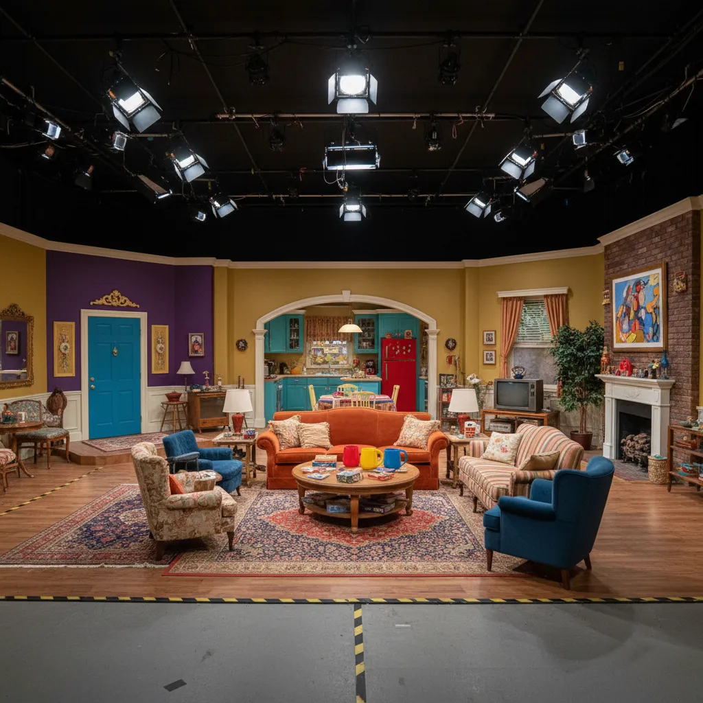 colorful sitcom apartment living room inspired by Friends layout with large open seating area