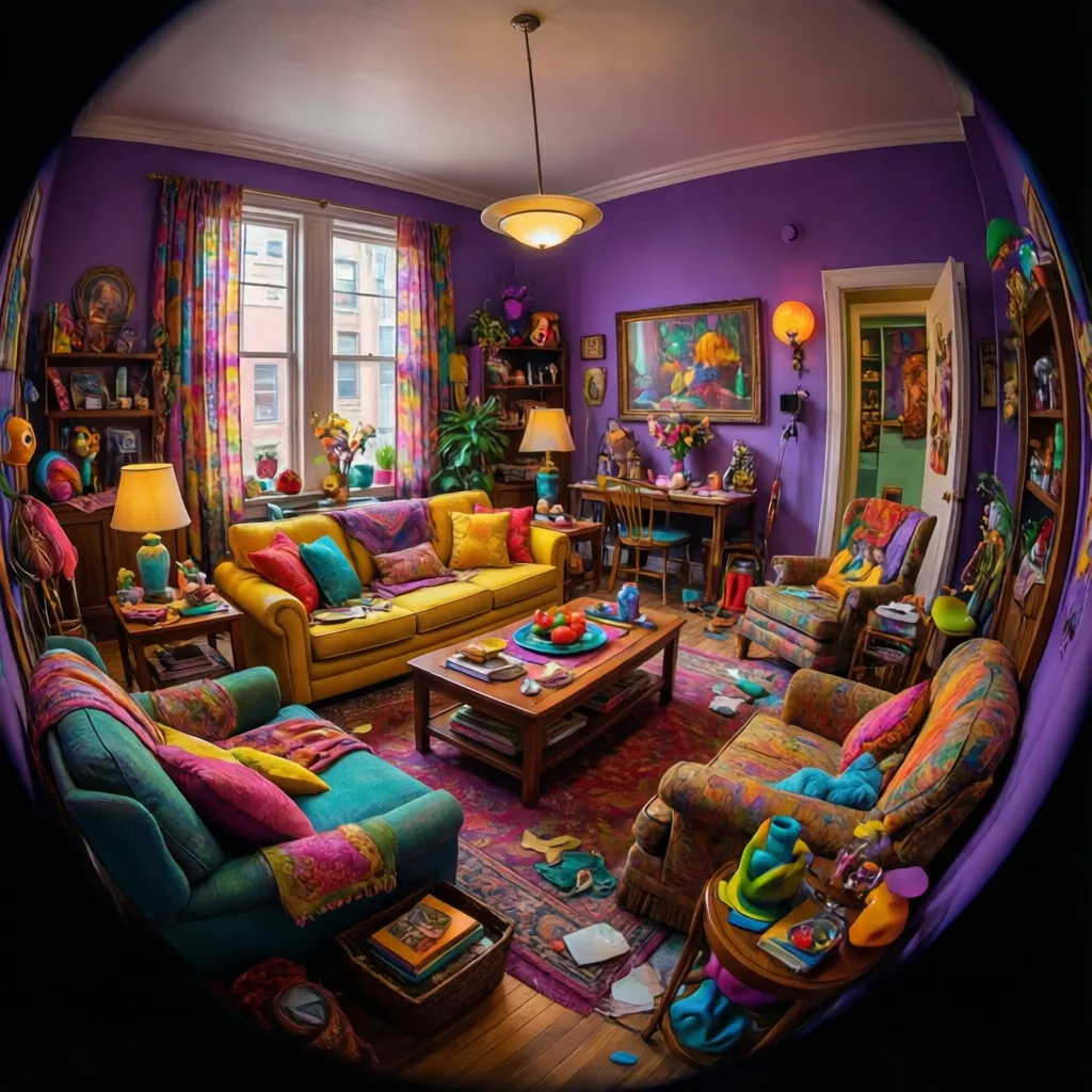 colorful sitcom apartment living room with purple wall and eclectic furniture inspired by Friends