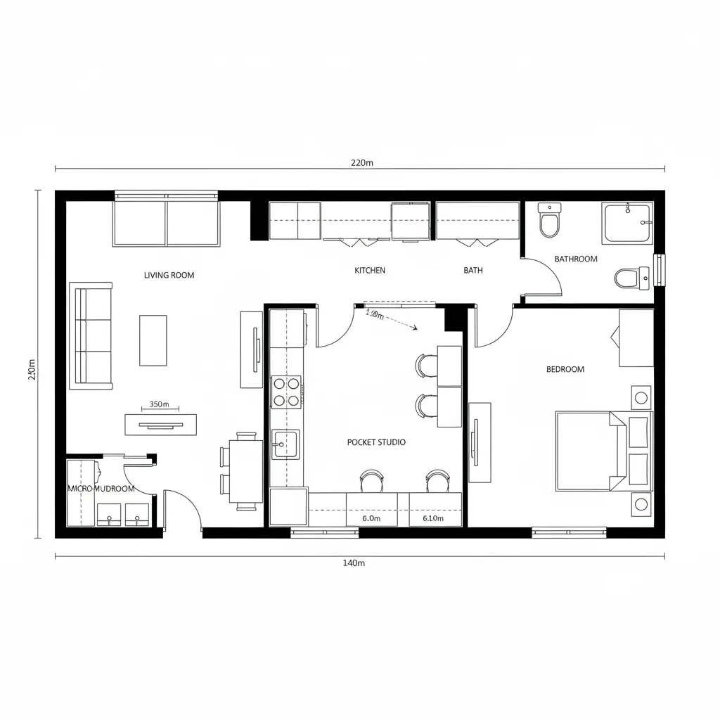 Top-down plan with front living, mid kitchen-studio buffer, rear bedroom and bath