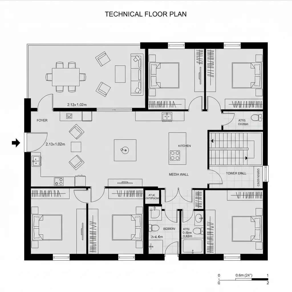 Technical floor plan showing a four bedroom house layout with kitchen living room and bathrooms