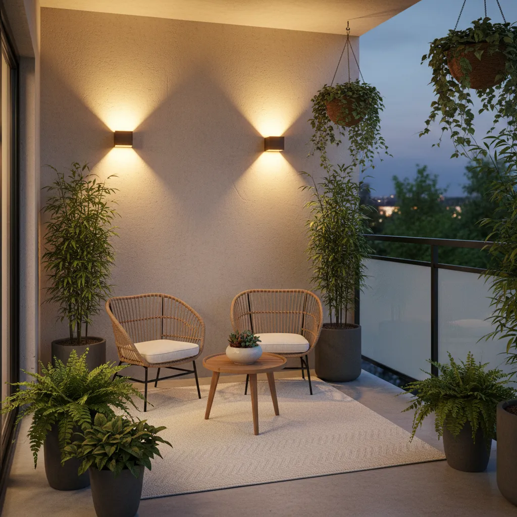 Front balcony with plants and warm evening lighting