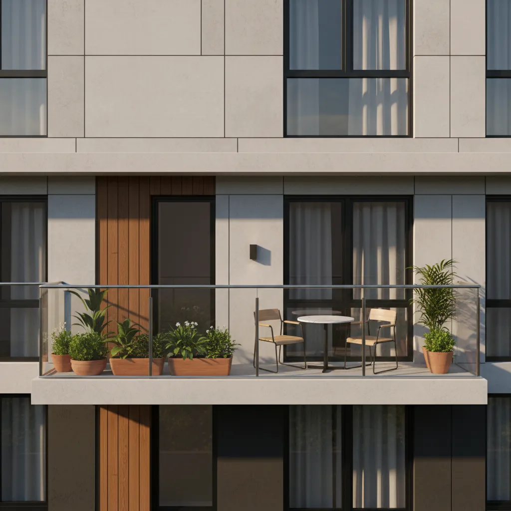 First floor front balcony with compact seating and plants