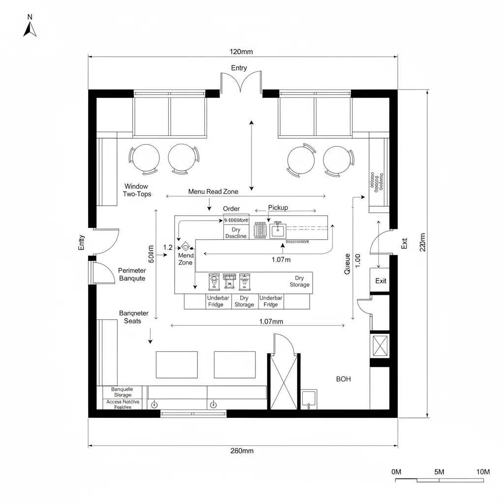 Detailed interior design drawing of cafe floor plan showing central bar area and perimeter seating