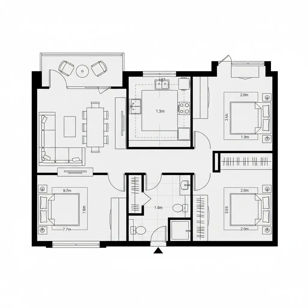 Detailed interior design drawing of a modern three bedroom apartment floor plan including furniture and dimensions