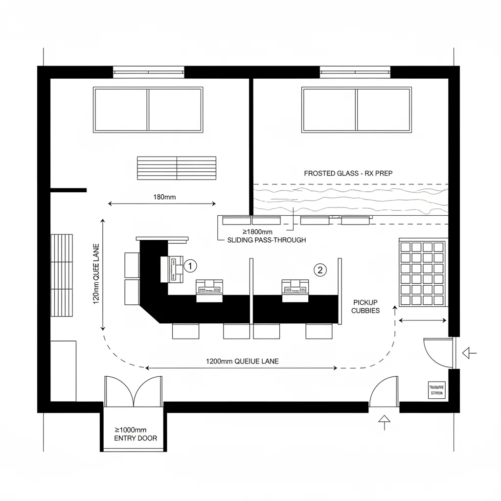 Black and white room layout showing pharmacy pickup area with queue lanes and service counters
