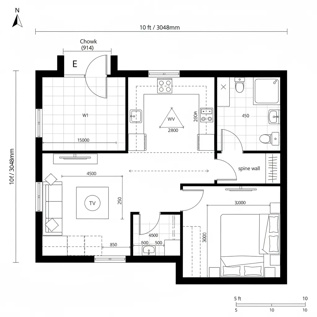 Top-down CAD plan of 10x30 ft with front courtyard, studio spine, galley, bath, rear bedroom