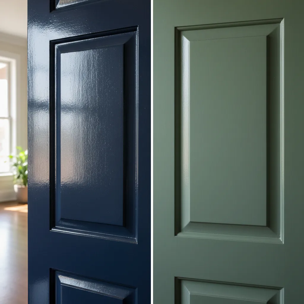 Detailed look at glossy oil-based finish versus satin latex finish on a painted door