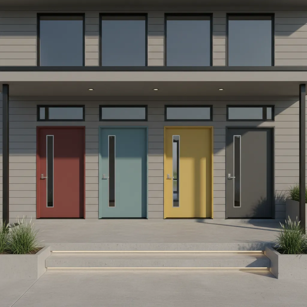 homeowner evaluating different front door paint colors on a modern exterior entry