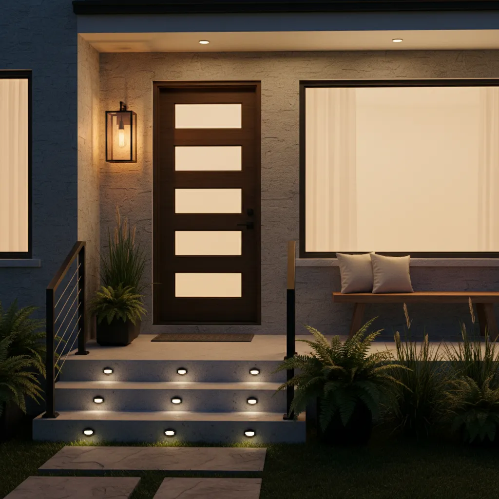 Front porch lighting design balancing an offset door