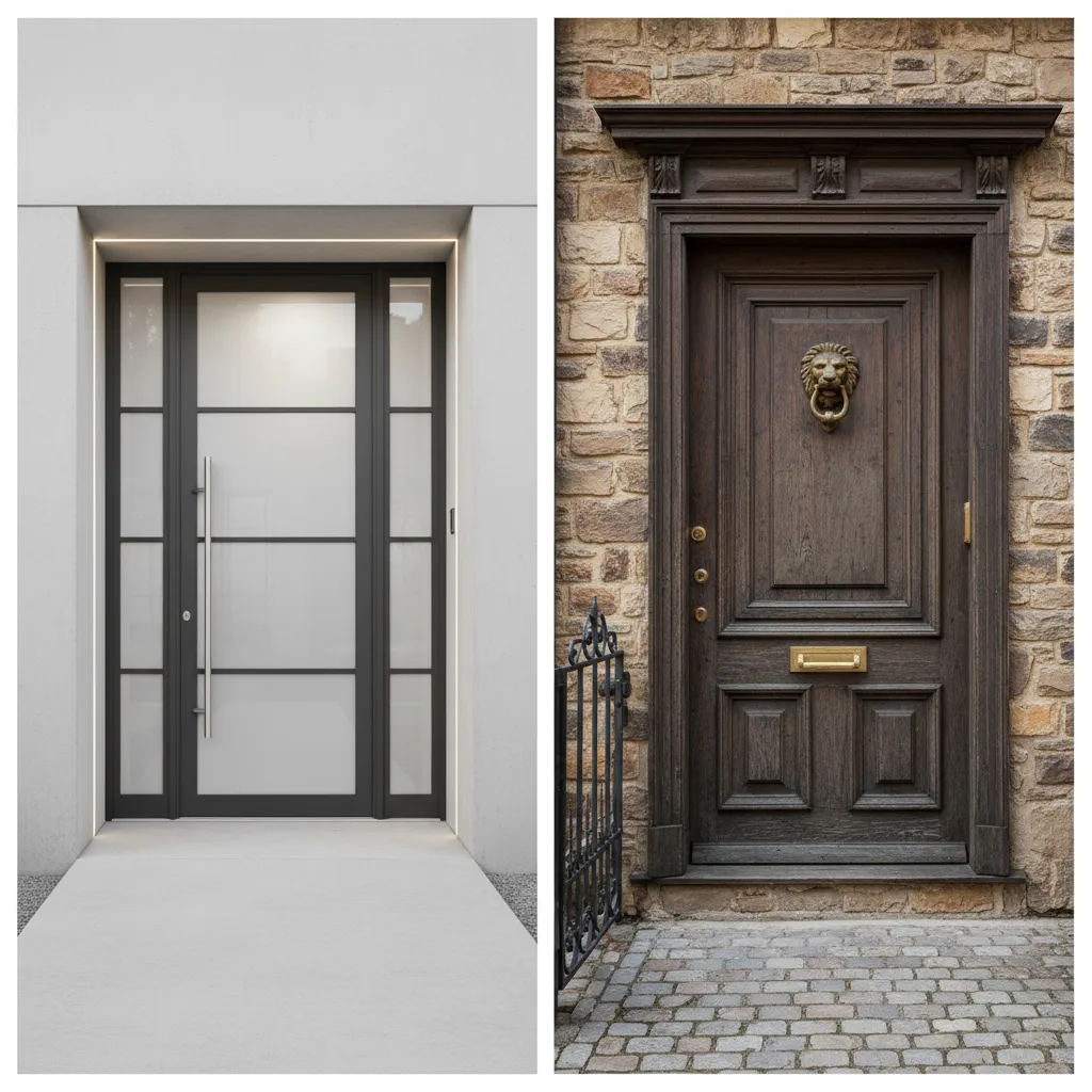 Side by side comparison of modern and traditional front door architecture
