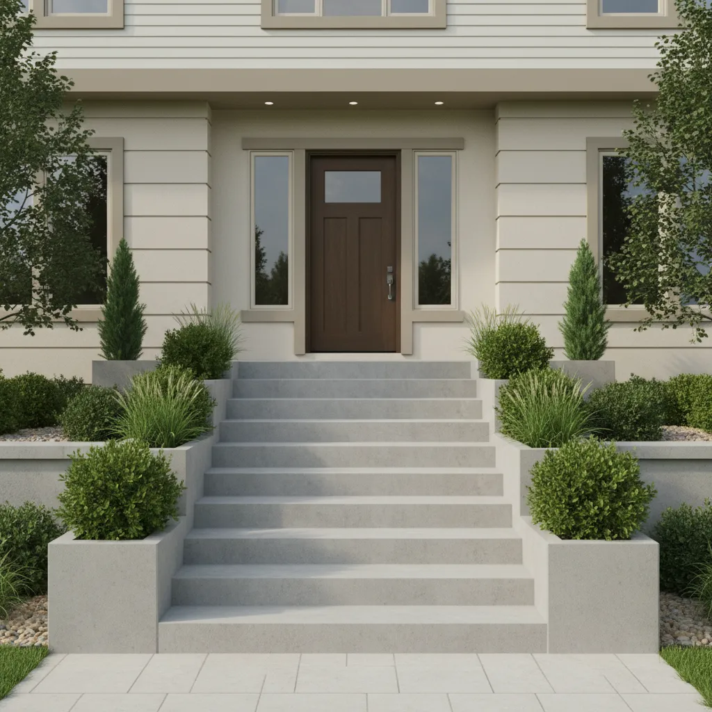 Residential entrance with symmetrical exterior front steps