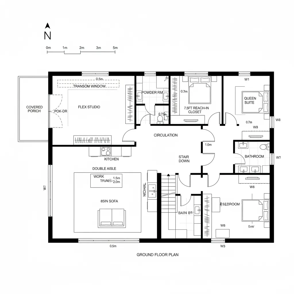 Top-down CAD plan with front flex studio, central living spine, and stacked primary suite above