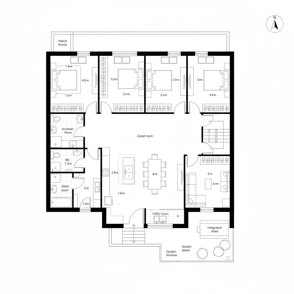Top-down CAD plan with front accessible flex suite and rear kitchen-living opening to garden