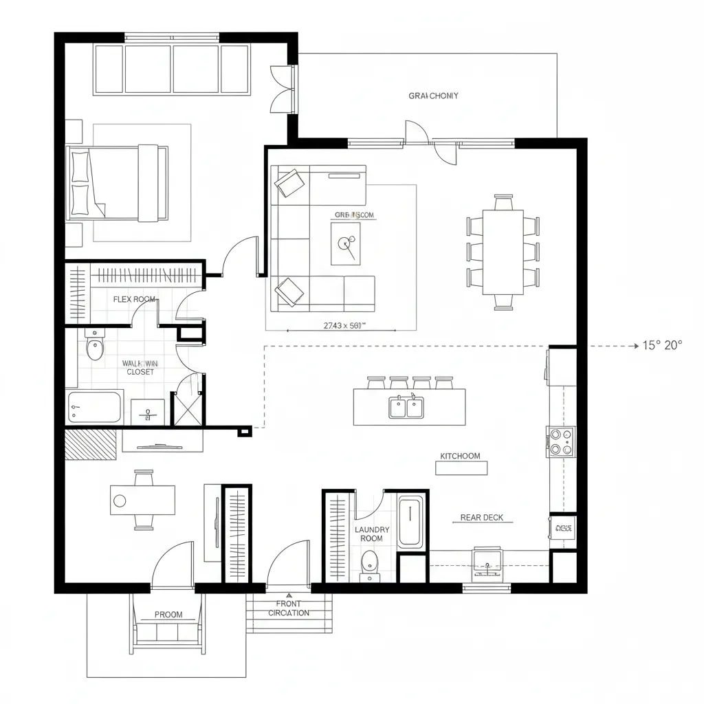 Simple floor plan layout with a master bedroom kitchen dining table and outdoor balcony space