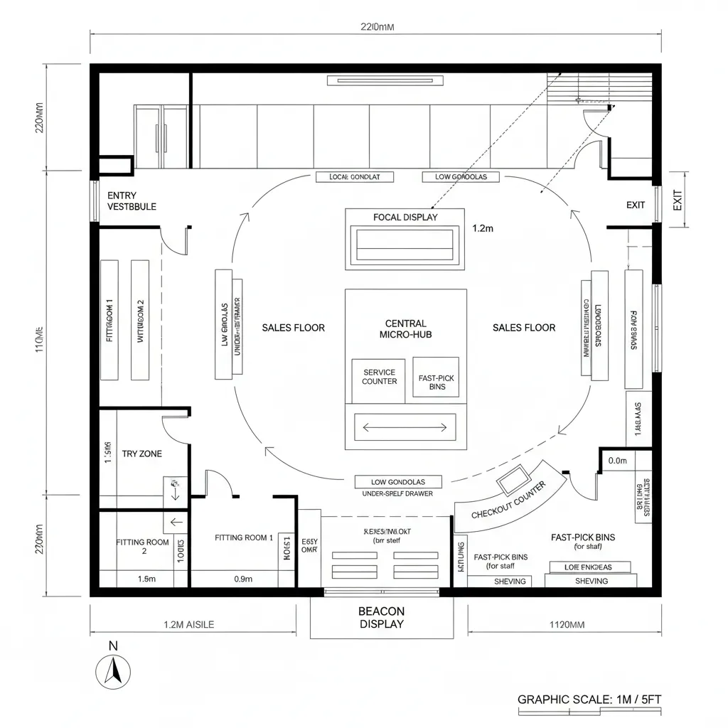 Detailed retail floor plan drawing showing sales floor area checkout counter fitting rooms and display furniture