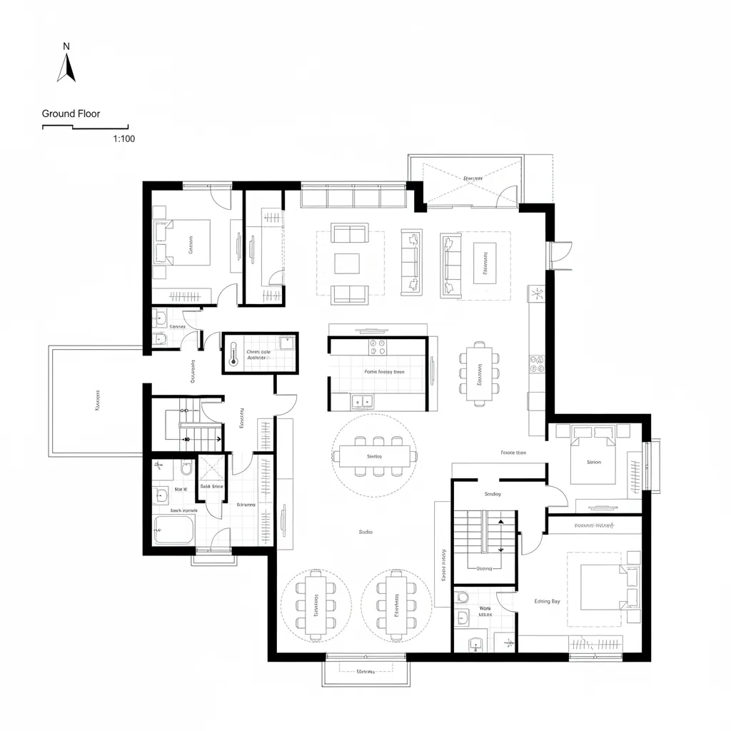 Top-down CAD plan with front formal salon, rear informal family-kitchen zone, and acoustically buffered studio basement
