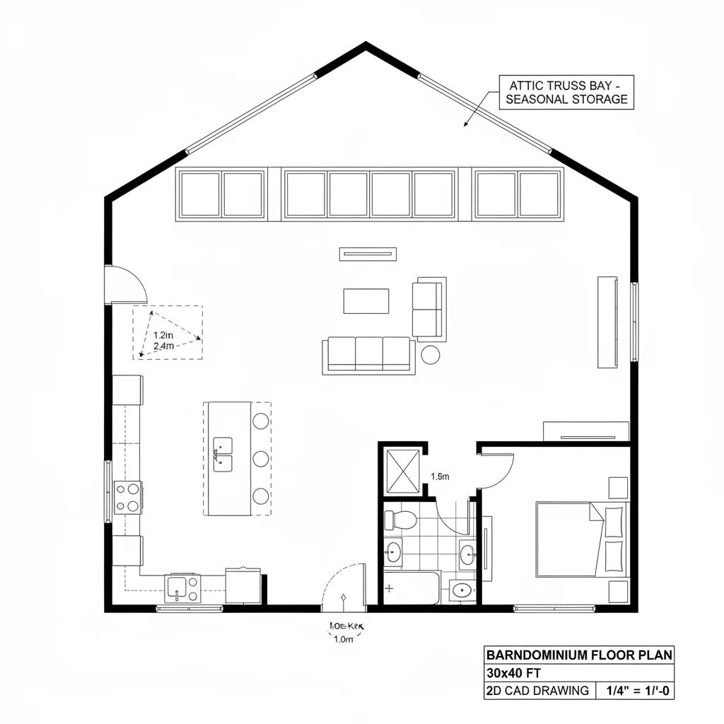 Top-down CAD plan of a 30x40 linear spine barndominium with galley kitchen and private bedroom