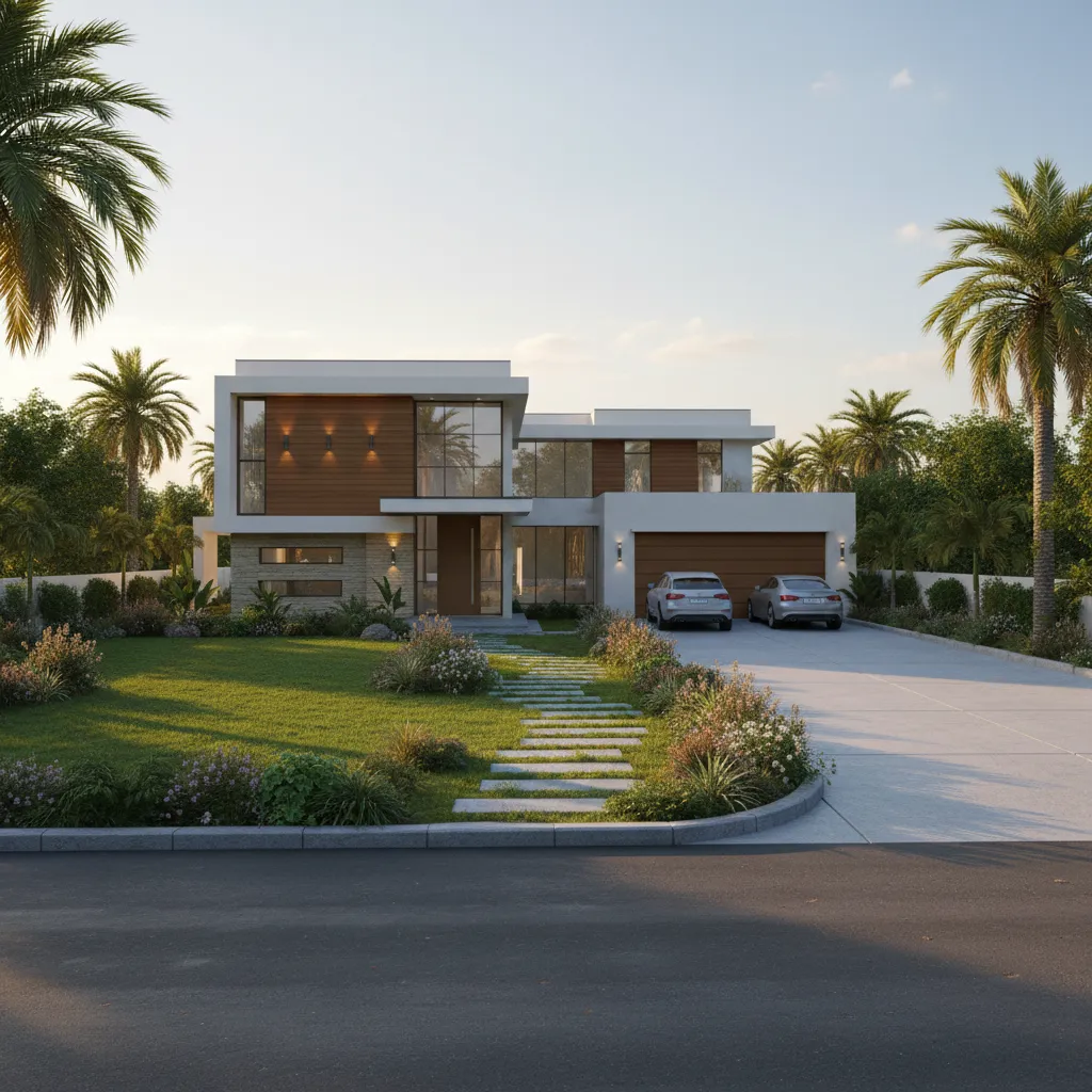 Indian suburban home with front lawn garden and driveway layout