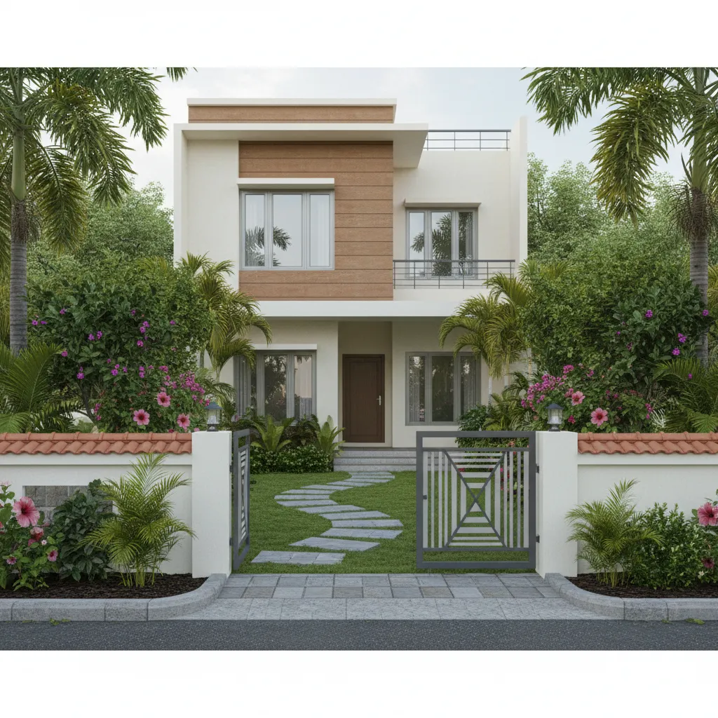 front garden layout of a compact Indian house with walkway and plants