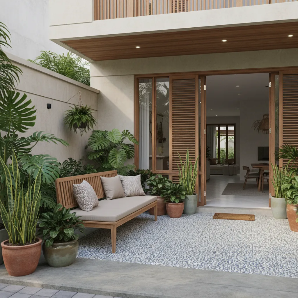 hiên nhà đẹp phía trước với ghế ngồi và cây xanh