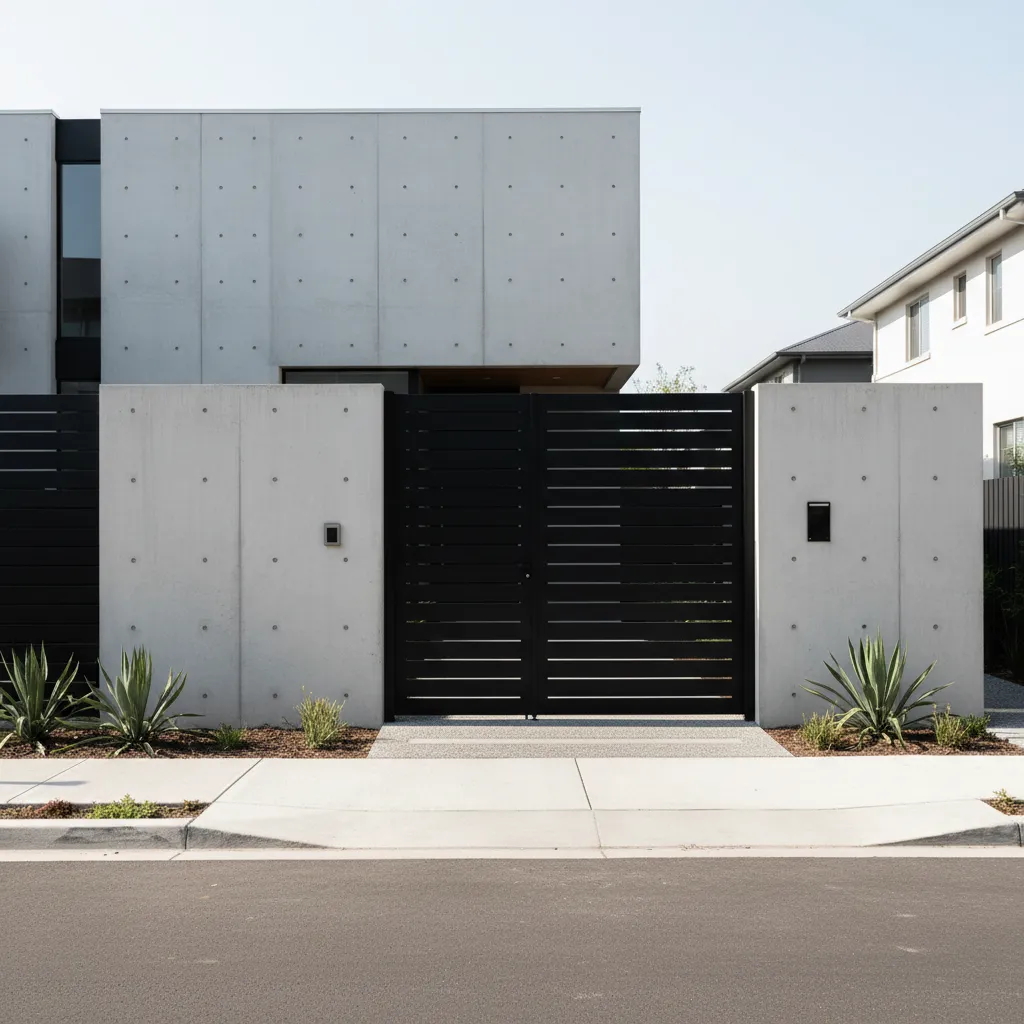 Muro frontal moderno de concreto con portón metálico