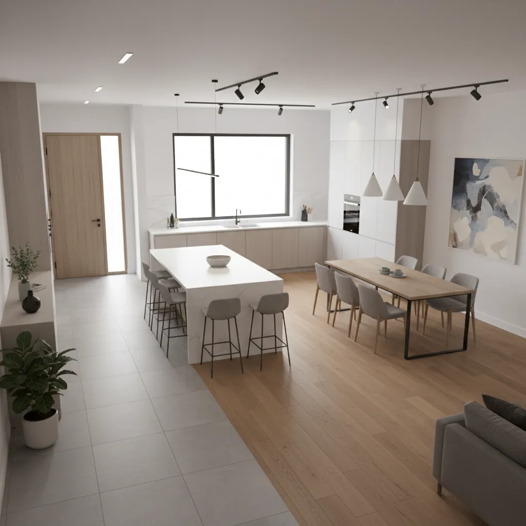 Interior layout showing front entry transitioning into kitchen and dining area