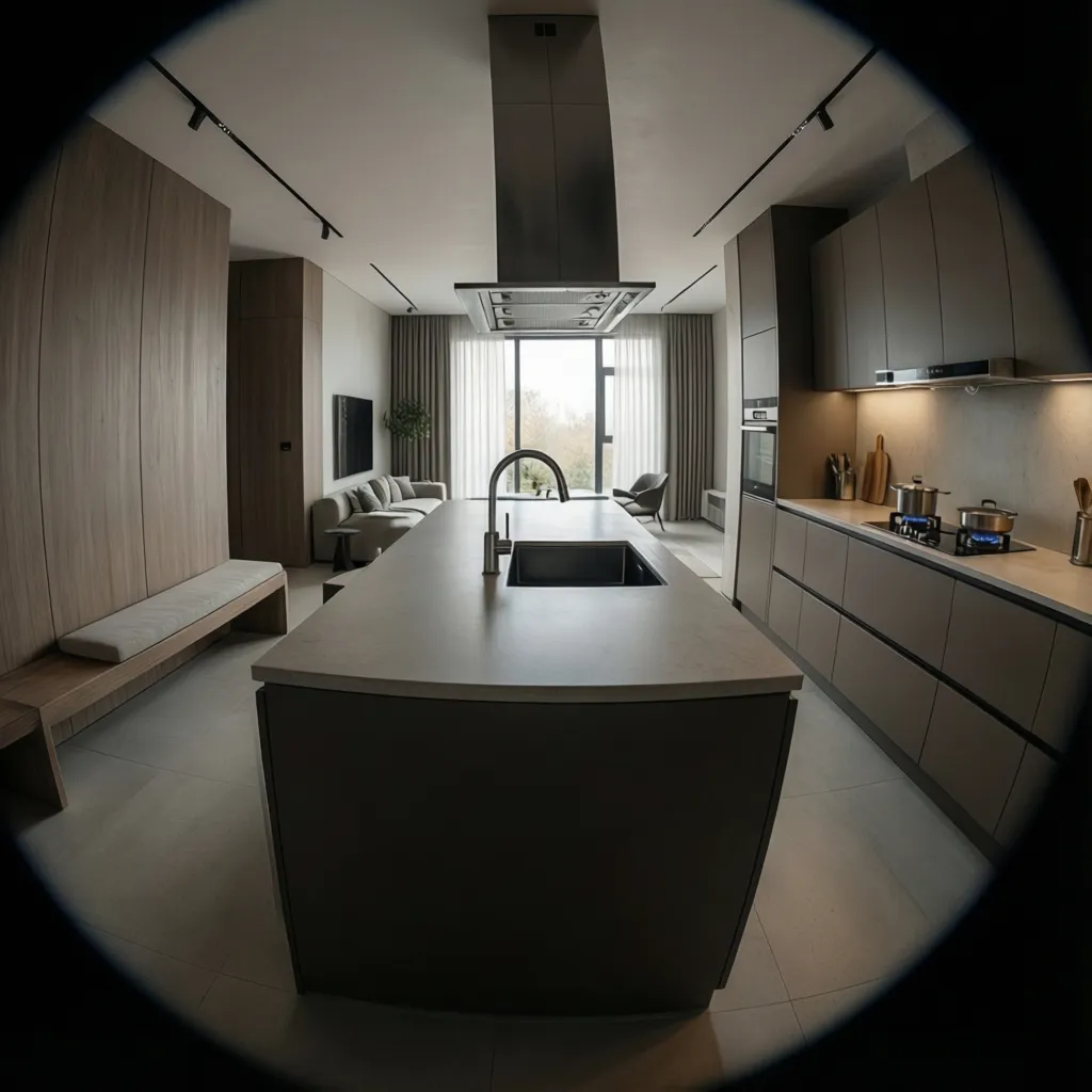 Kitchen island positioned to shield cooking area from front door view