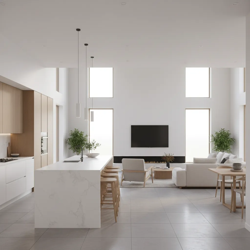 Open floor plan home with kitchen located near the front entrance and large windows