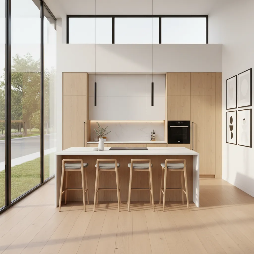 Bright kitchen at the front of a house with large street-facing windows and modern island