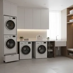 Modern laundry room showing stacked washing machines alongside two more machines under a white counter