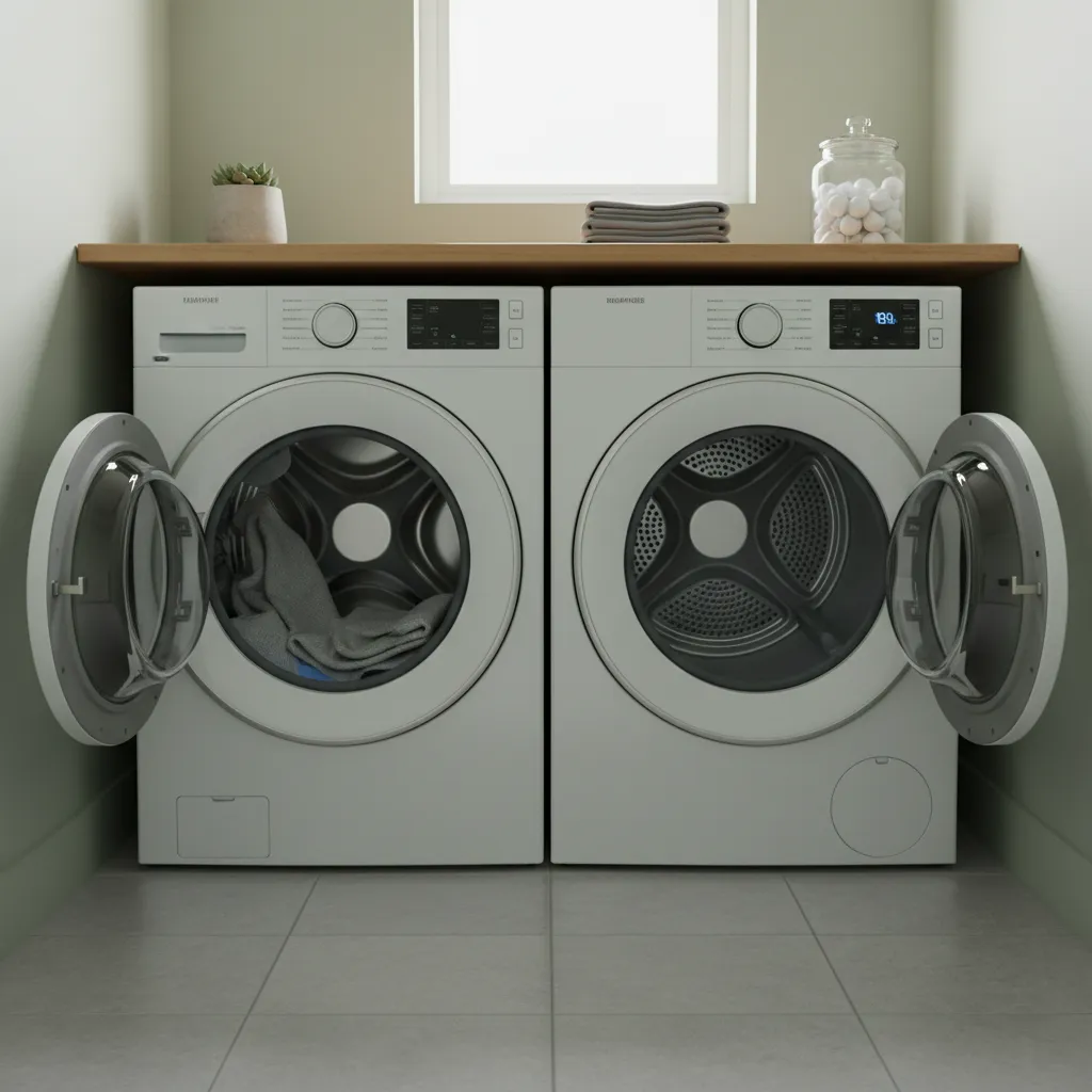 Front load washer and dryer side by side showing easy laundry transfer