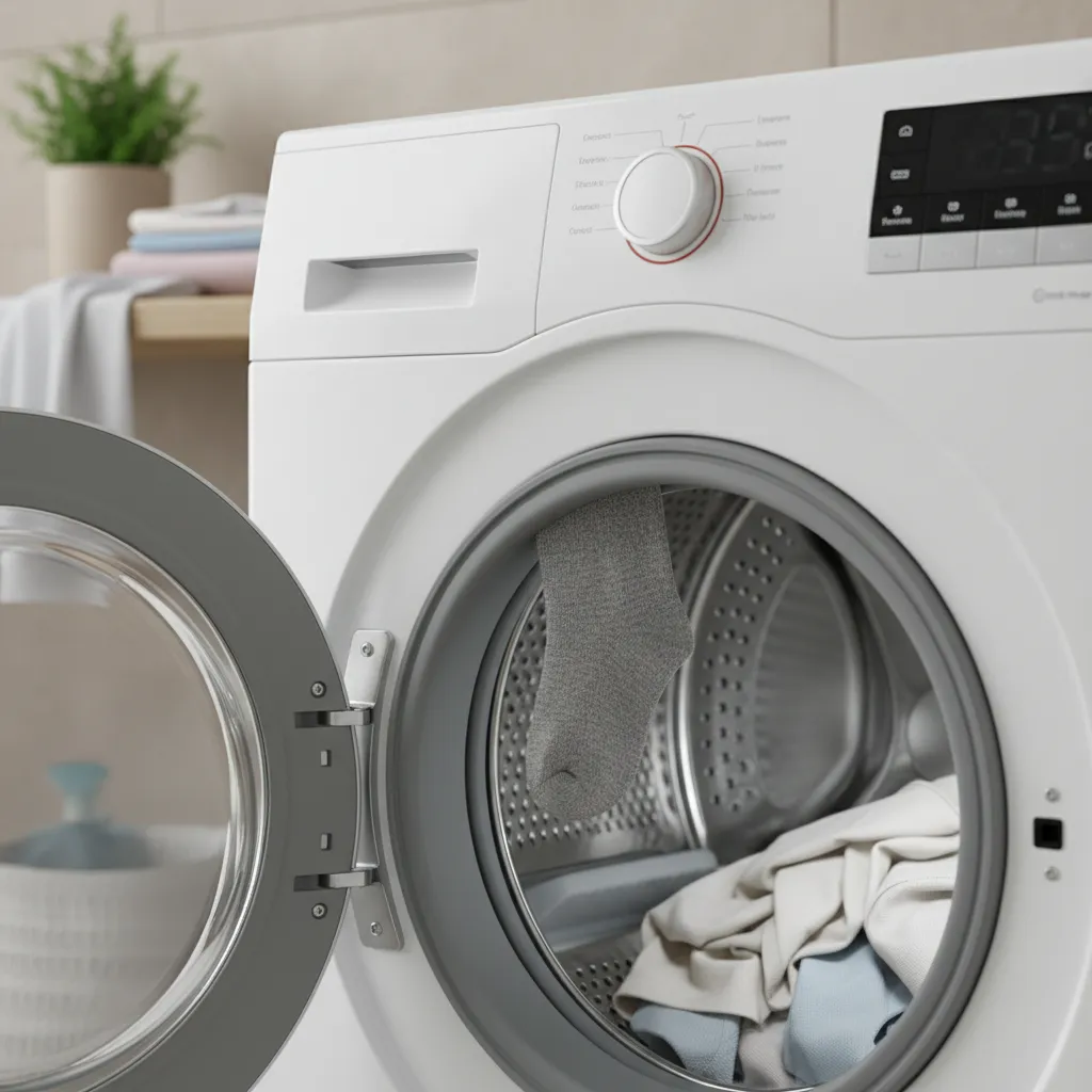 Close view of front load washing machine gasket where small clothing items can get trapped