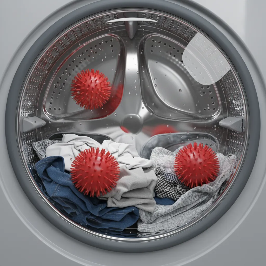 Laundry balls inside front load washing machine with clothes