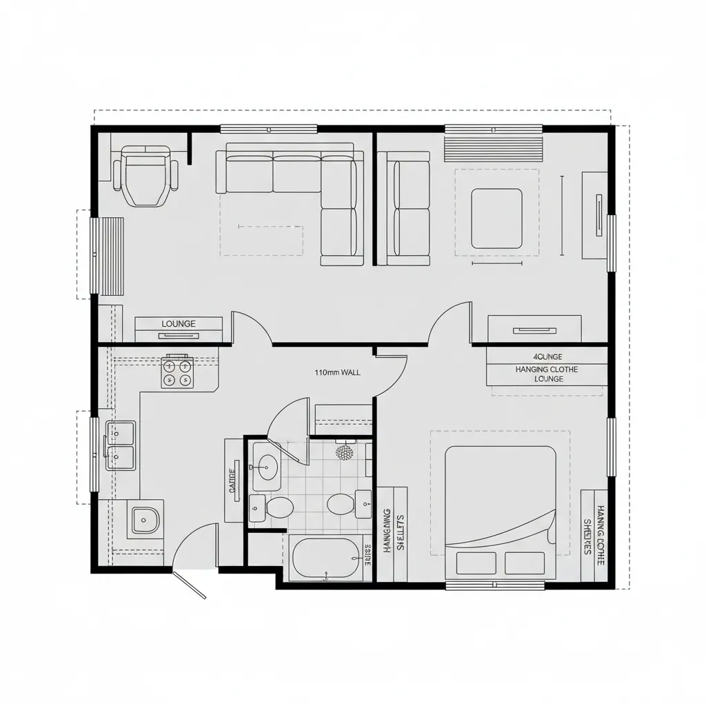 Top-down CAD plan of RV with front lounge, mid bath, and aft queen bedroom
