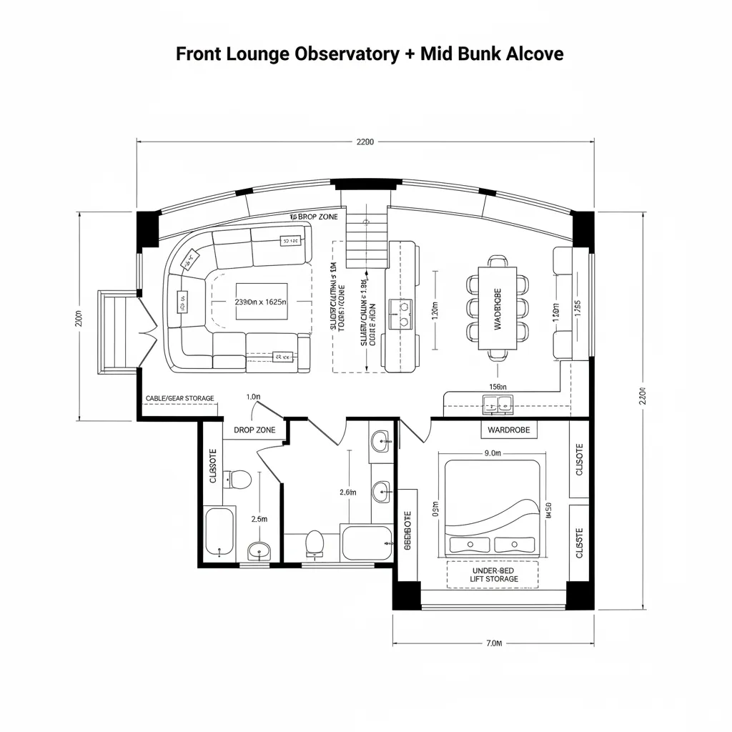 CAD floor plan with front panoramic lounge, mid bunk alcove, and rear primary suite in a fifth wheel