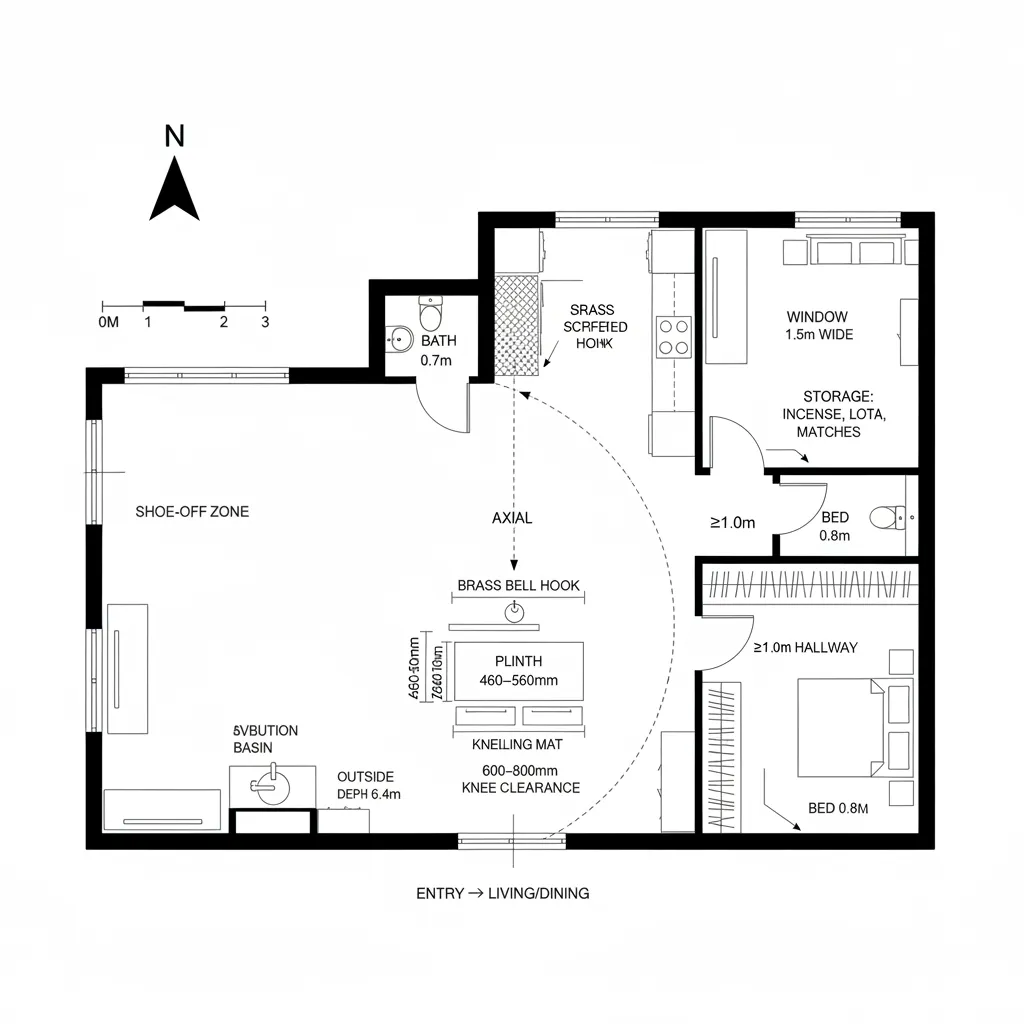Top-down CAD plan showing an entry niche mandir with axial approach and clear circulation