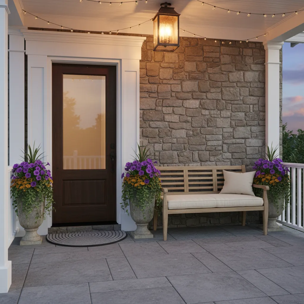 front porch with bench and planters balancing an off center front door