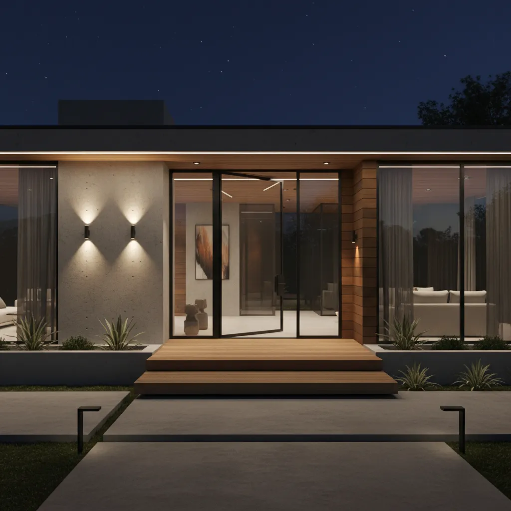 Modern home entrance with colored porch lighting