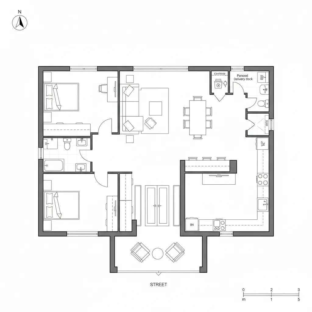Interior design drawing of a home with two bedrooms two bathrooms kitchen and dining area