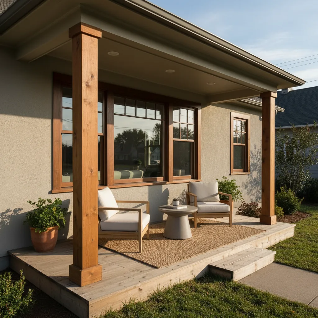 Porche frontal simple con columnas de madera en una casa pequeña