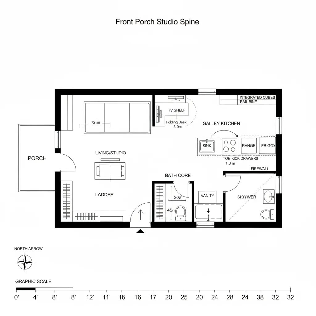 Top-down CAD plan of 12x32 tiny house with porch, living/desk, galley, bath core, and loft