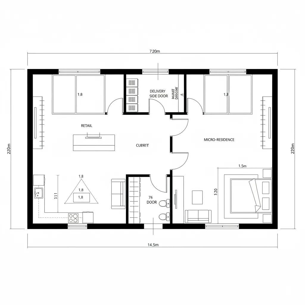 Top-down CAD plan of front retail bay and rear micro-residence with buffer and private vestibule