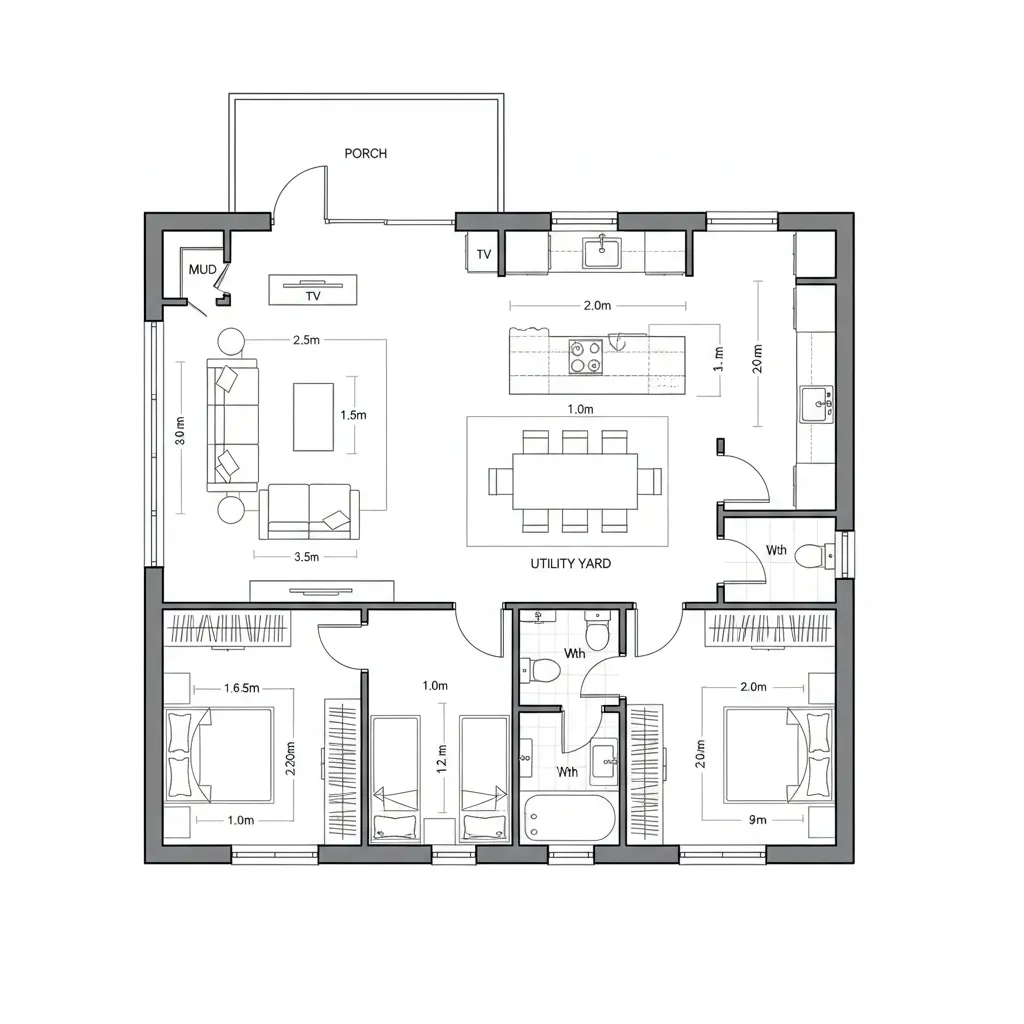 Detailed interior design drawing of a home layout featuring three bedrooms and open kitchen area
