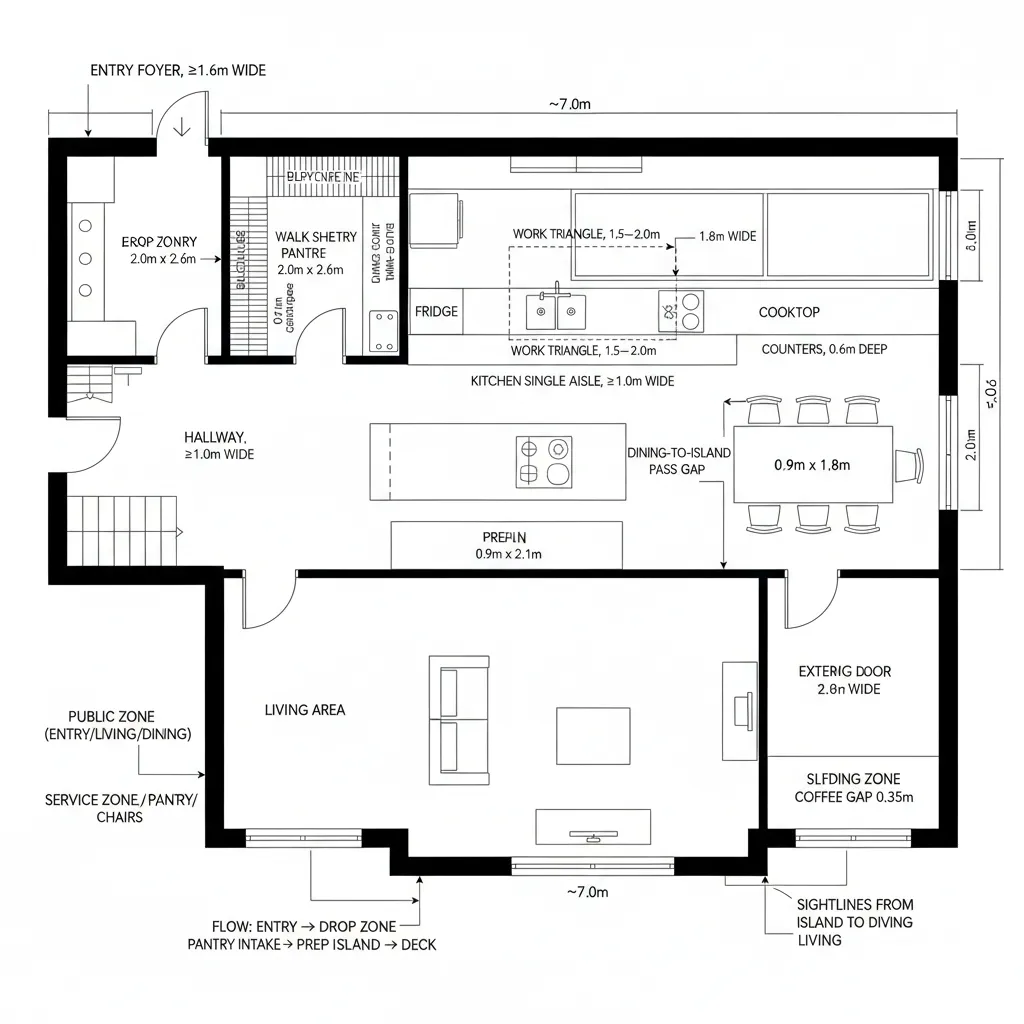 Top-down plan of linear kitchen spine with walk-in pantry intake near entry