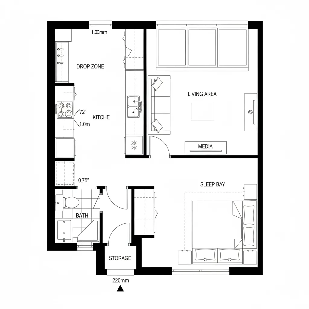 Top-down CAD plan of a studio with axial spine and sliding sleep partition