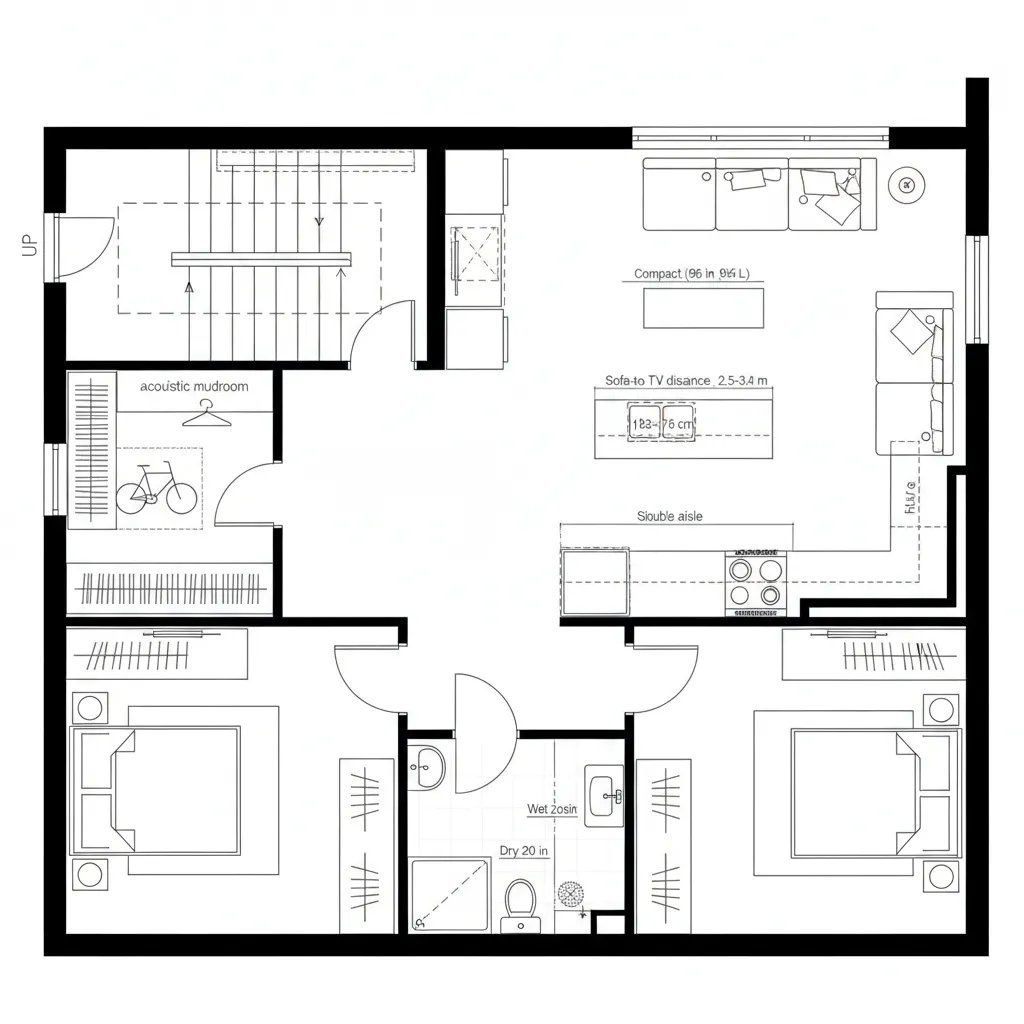 Top-down CAD plan of a 2 BHK with front stair foyer and acoustic mudroom airlock