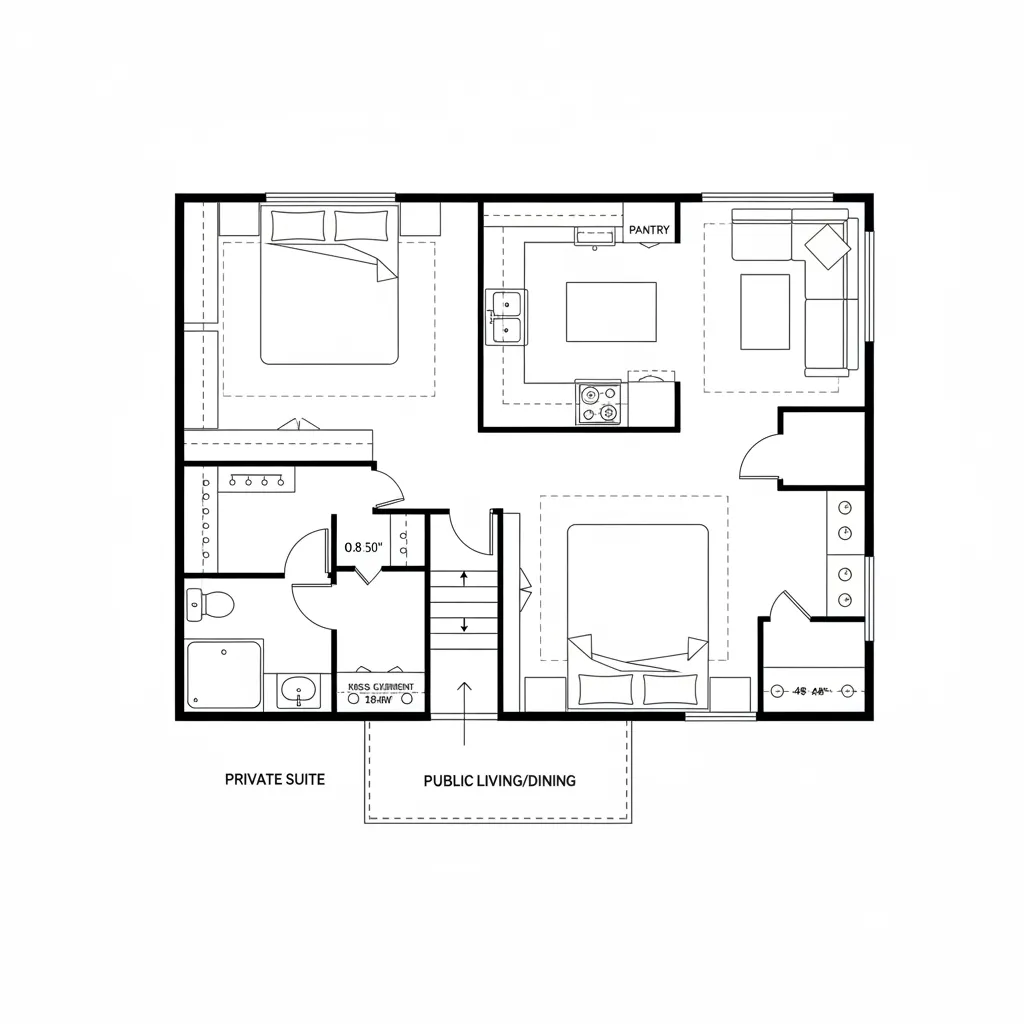 Top-down CAD plan of fifth wheel with front suite, mid living, and rear flex bay