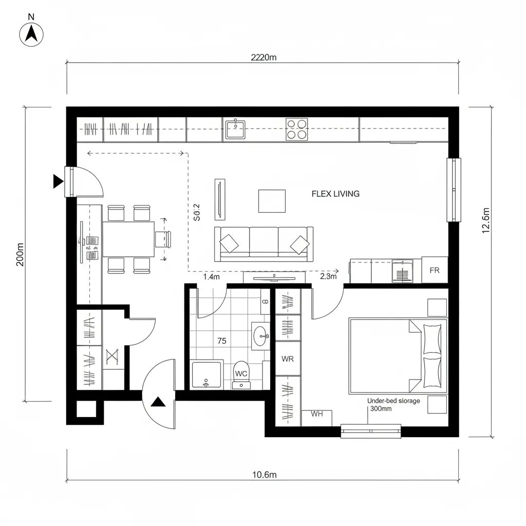 Modern apartment floor plan with sofa dining area bedroom bathroom and cabinets showing full interior dimensions